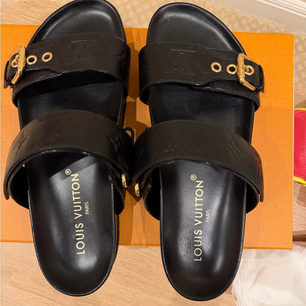 Louis Vuitton Black Sandals with Gold Buckle - Picture 2 of 3